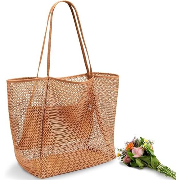 Beach Mesh Tote Bag, Casual Tote Bag Hobo for Women Foldable Handbag - Picture 7 of 7